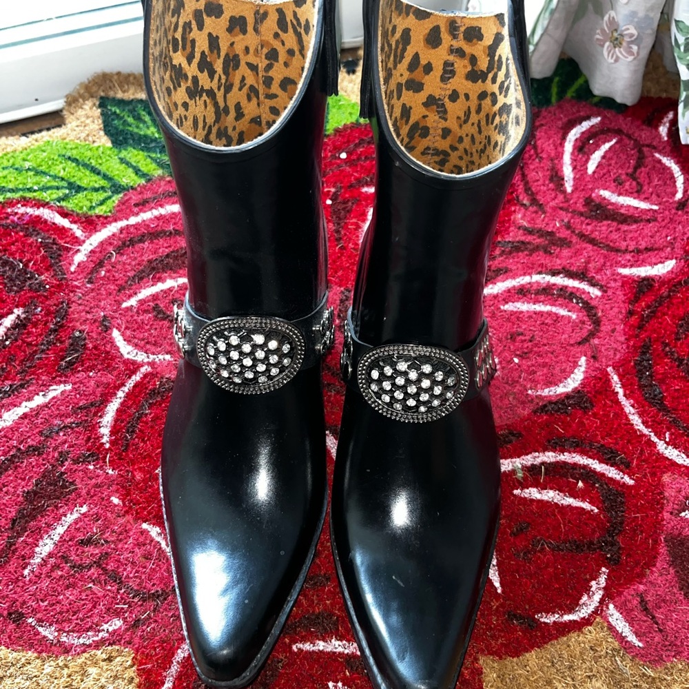 Black Heeled Rain Boots with Rhinestone Buckle